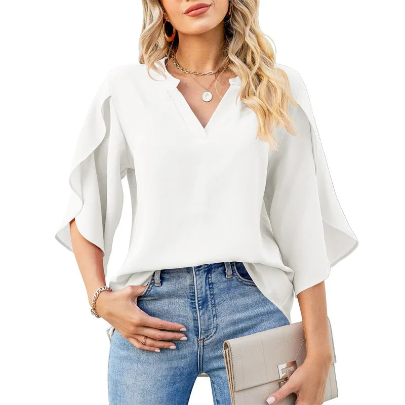 Summer Chiffon Blouse - Short Flare Sleeve V-Neck Top