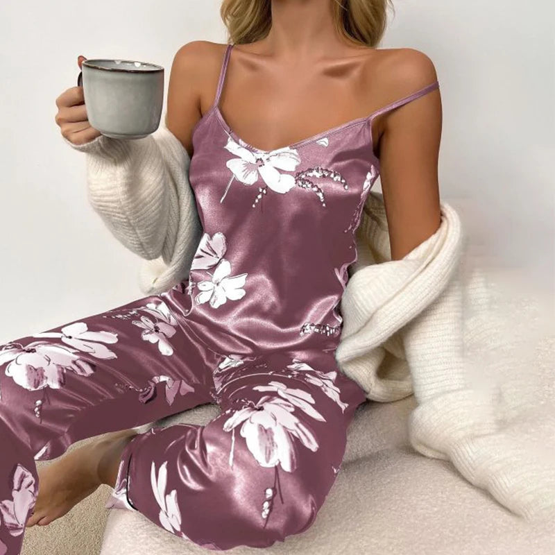 Women's Satin Pajama Set - Sleeveless Cami Top & Pants Sleepwear