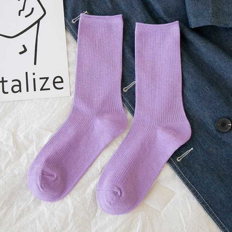 Women's Solid Color Crew Socks - Breathable Cotton Blend