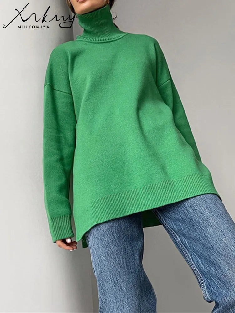 Oversized Turtleneck Sweater - Women's Side Split Pullover