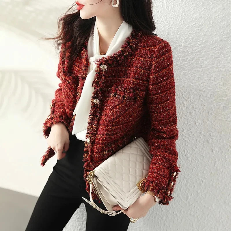 Women's Plaid Tweed Jacket - Short Thick Coat