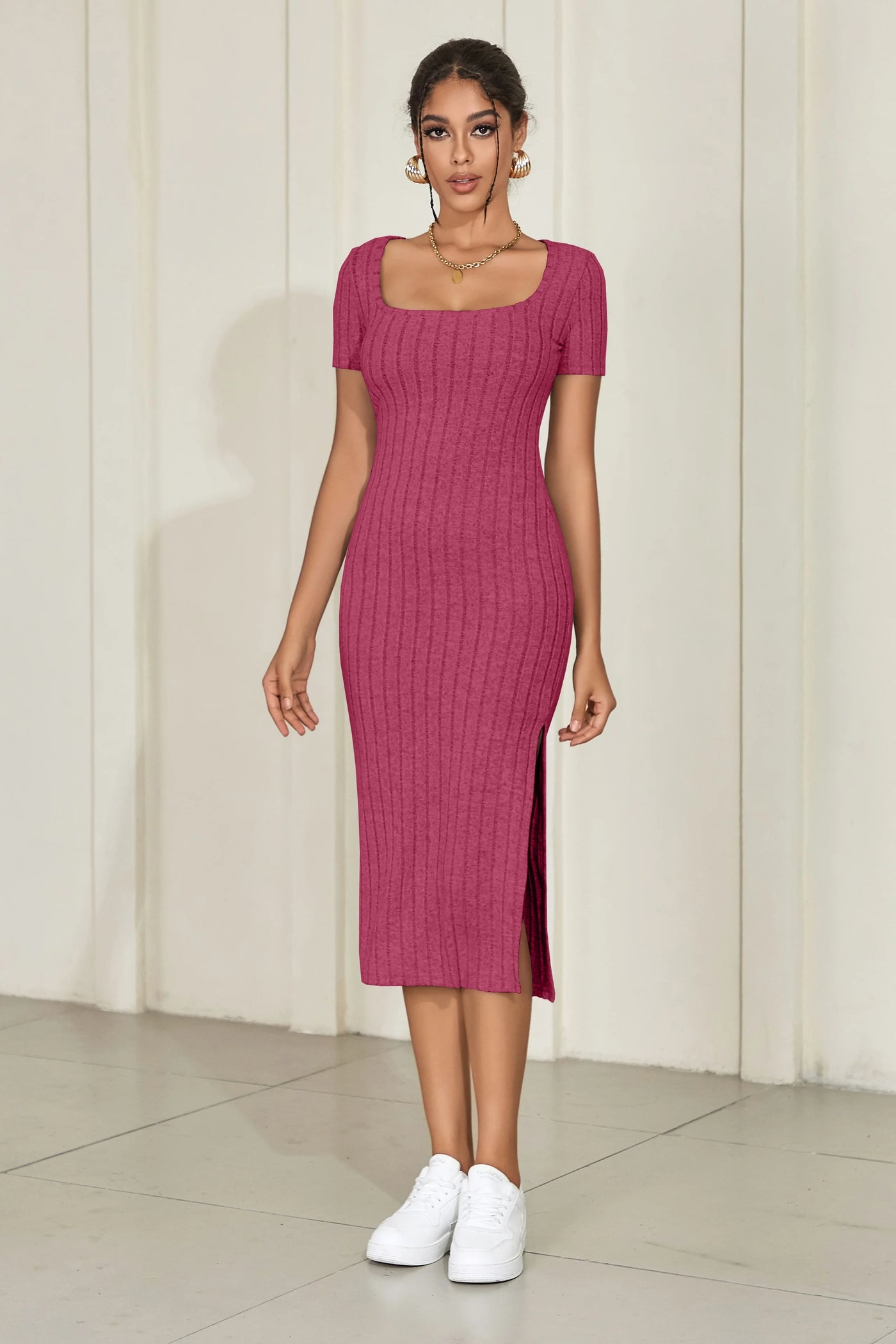Women's Square Neck Knit Dress - Mid-Length Short Sleeve