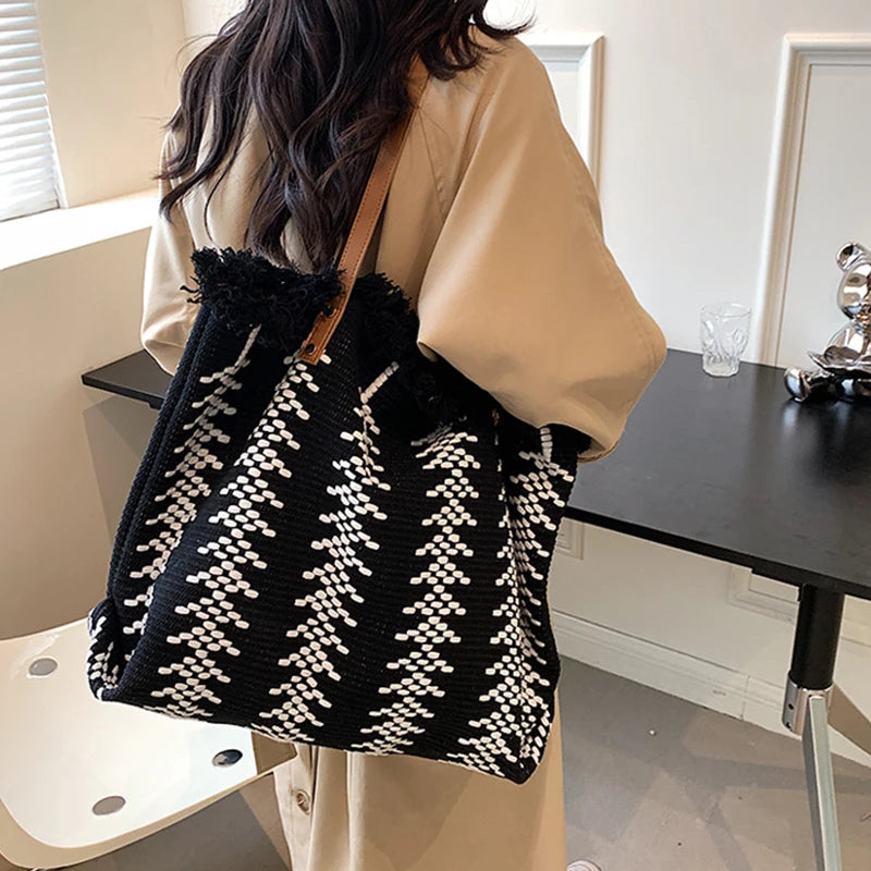 Women's Large Striped Tote Beach Bag with Top Handles