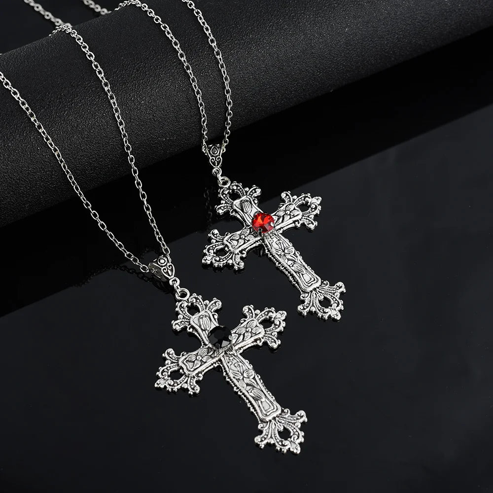 Punk Crystal Cross Pendant Necklace - Gothic Stainless Steel Choker
