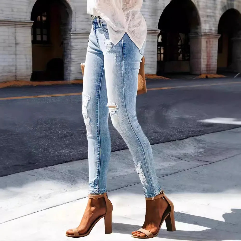 Women's Distressed Straight Leg Jeans - High Stretch Denim