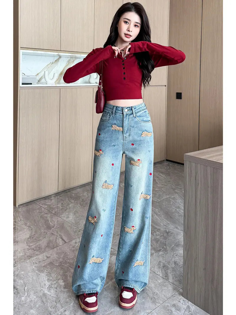 Women's Embroidered Denim Jeans - Korean Style Loose Fit