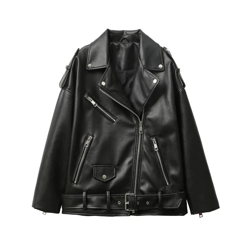 Women's Faux Leather Motorcycle Jacket - Black PU Leather Outerwear