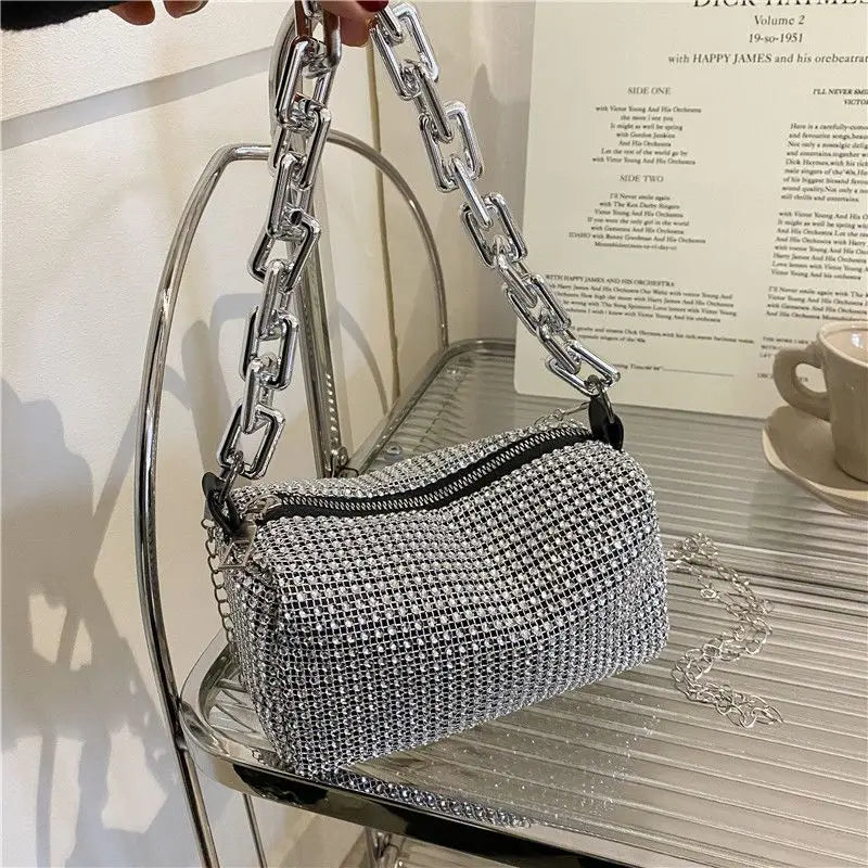 Rhinestone Embellished Bucket Bag with Chain Strap