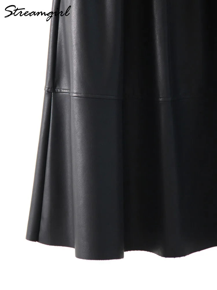 Women's Faux Leather Midi Skirt with Pockets - A-Line Elastic Waist
