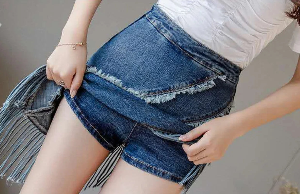 Women's High Waist Denim Skirt with Fringe Detail