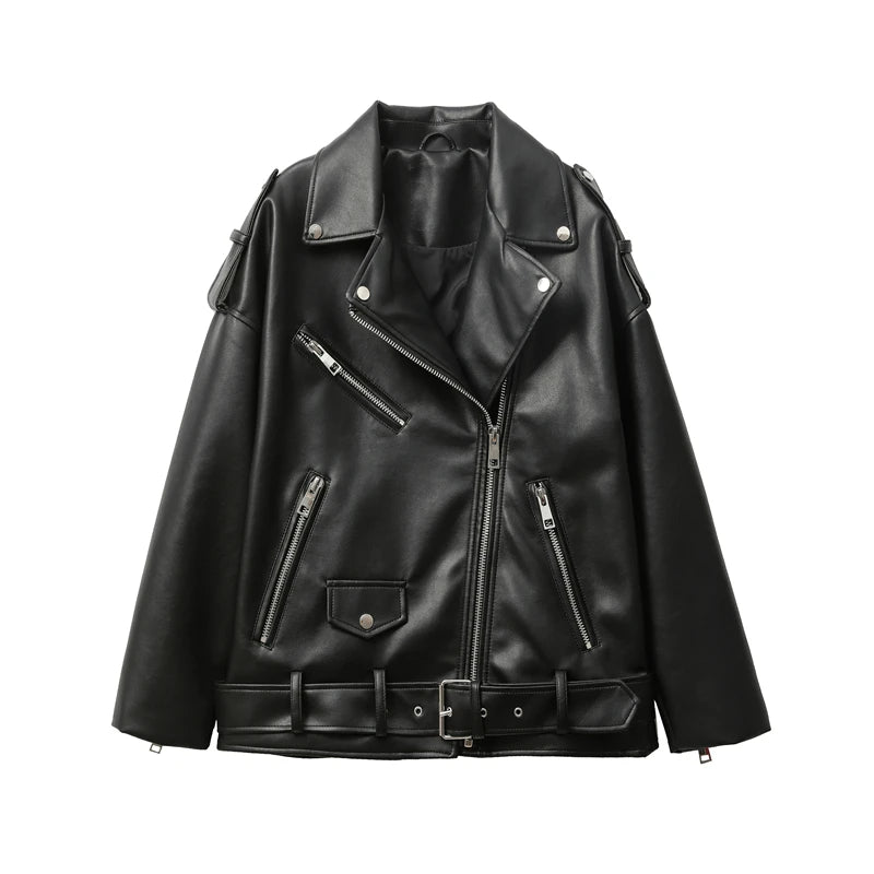 Women's Faux Leather Motorcycle Jacket - Black PU Leather Outerwear