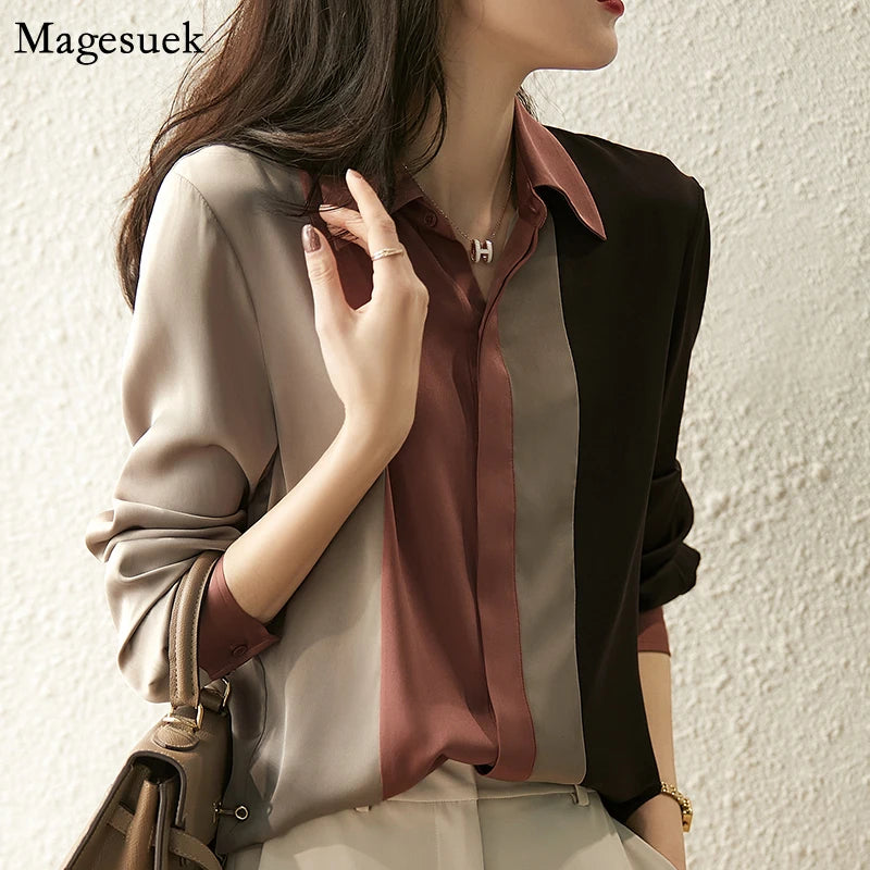Satin Button Blouse - Vintage Long Sleeve Polo Collar Shirt