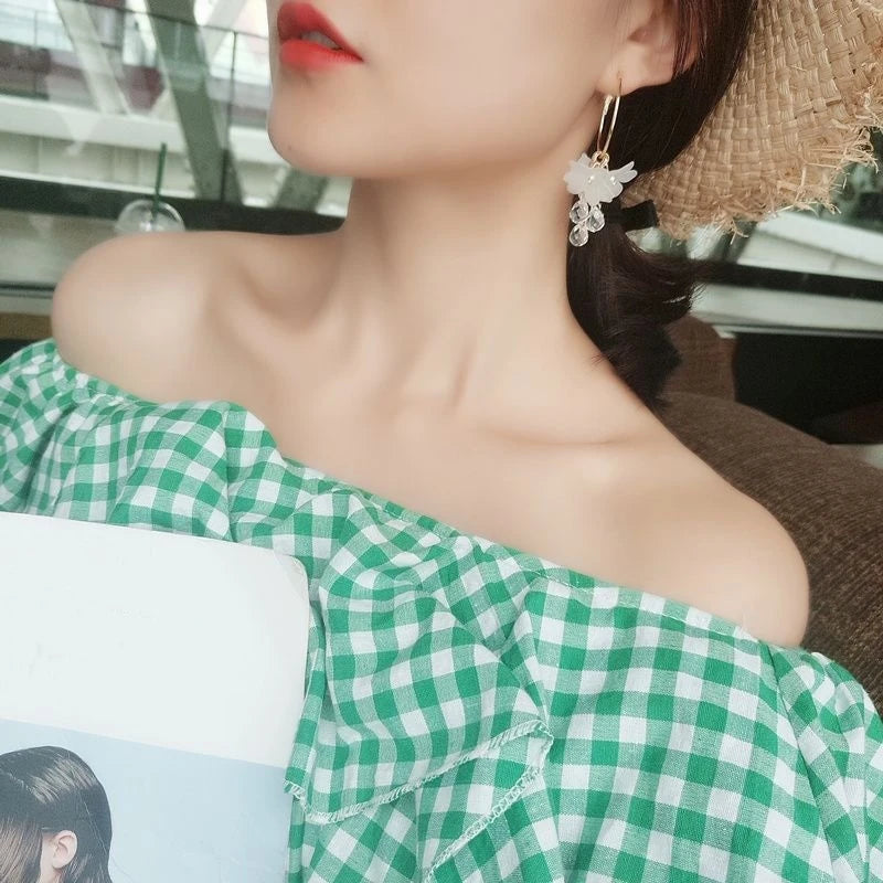 Korean Crystal Flower Drop Earrings - Elegant Tassel Earrings for Women
