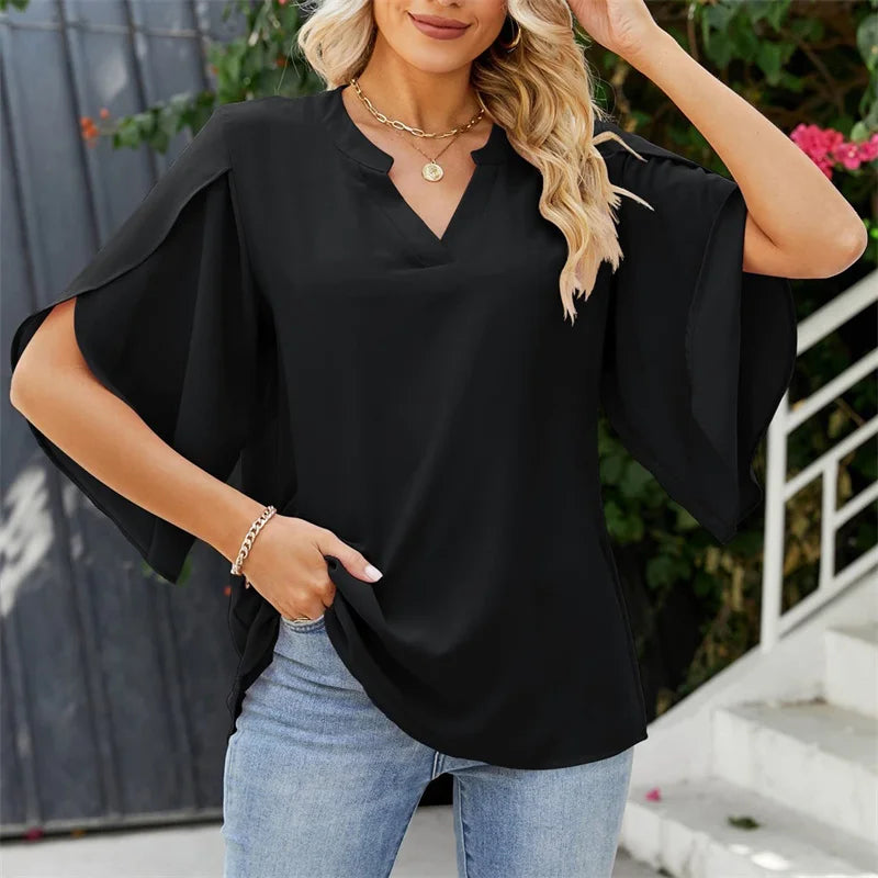 Summer Chiffon Blouse - Short Flare Sleeve V-Neck Top