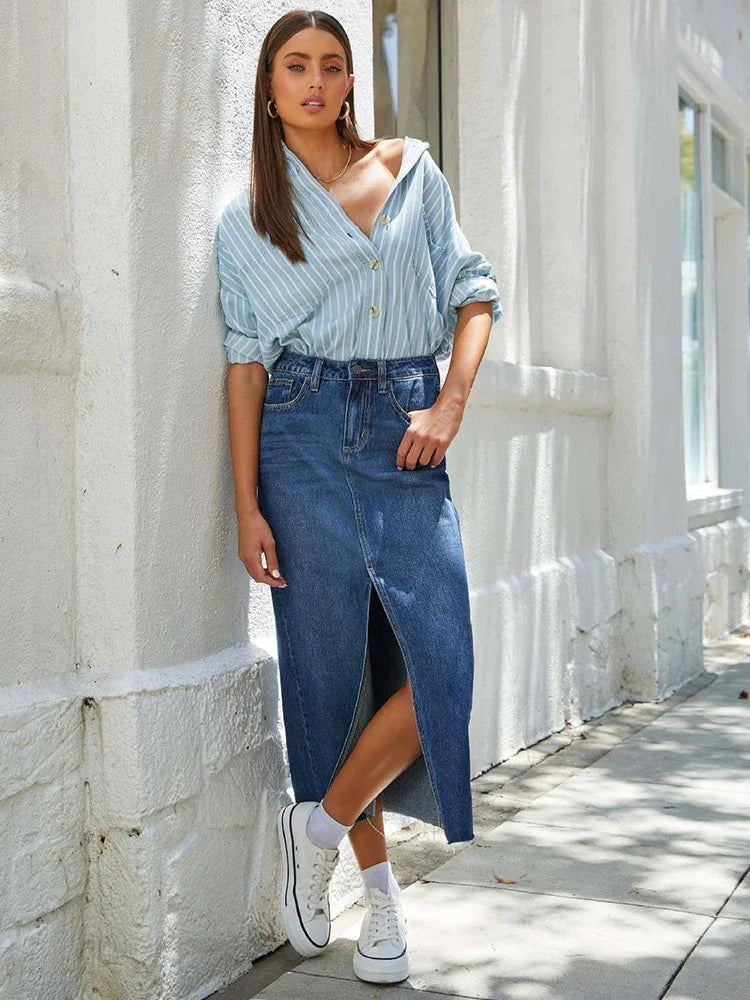 Women's High Waist A-Line Denim Midi Skirt