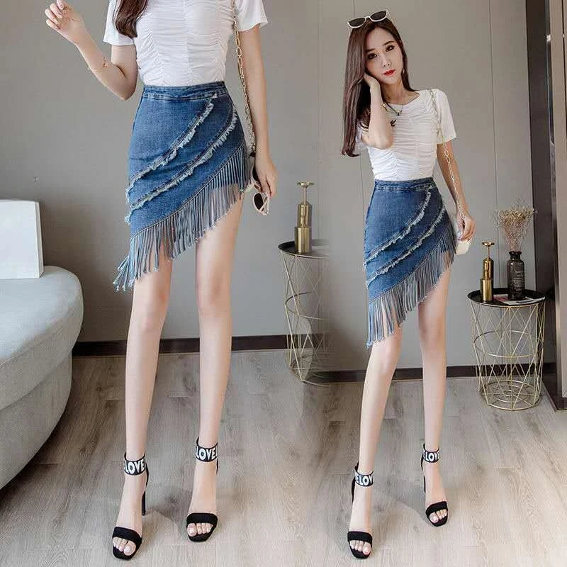 Women's High Waist Denim Skirt with Fringe Detail
