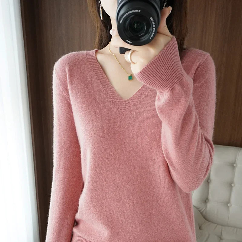 Casual V-Neck Sweater - Women's Solid Color Pullover