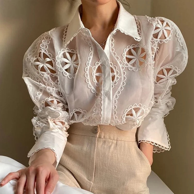 Spring Long Sleeve White Blouse - Floral Embroidery Shirt