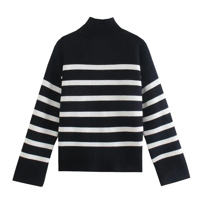 Black and White Striped Turtleneck Sweater - Women's Pullover
