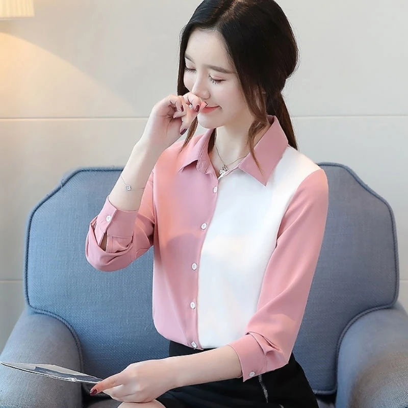 Office Lady Button Blouse - Turn-Down Collar Shirt
