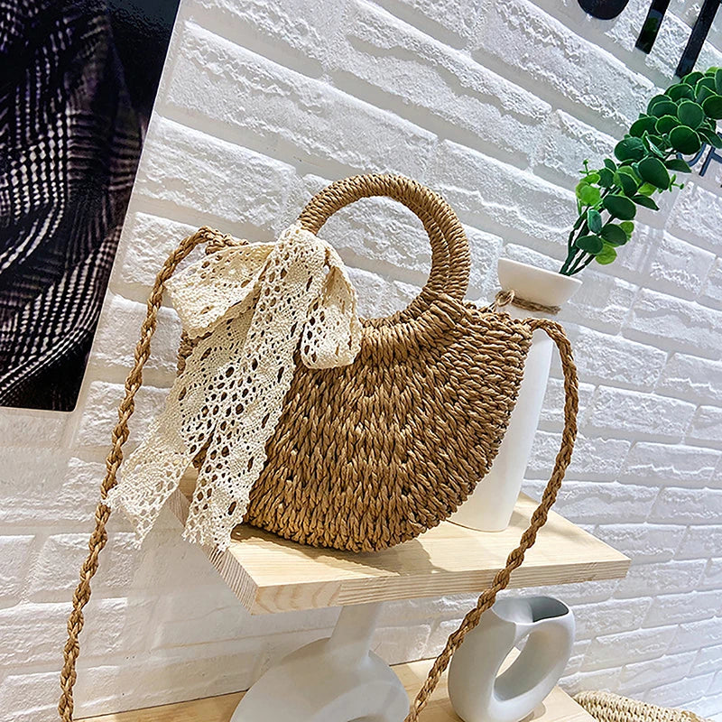 Handmade Rattan Woven Straw Crossbody Bag for Women