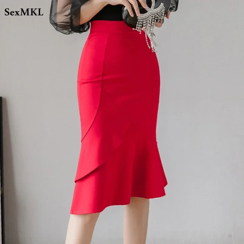 Women's High Waist Bodycon Skirt - Elegant Mid-Calf Length Office Wear