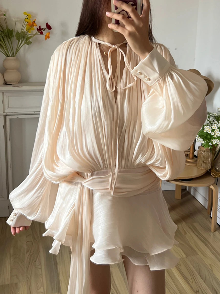 Women's V-Neck Mini Dress with Long Sleeves - A-Line Blouse Dress