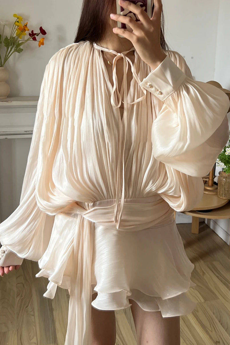 Women's V-Neck Mini Dress with Long Sleeves - A-Line Blouse Dress