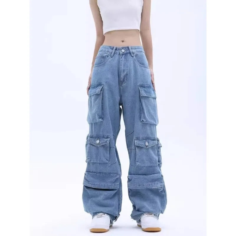 Cargo Jeans - Multi-Pocket Wide Leg Denim Pants