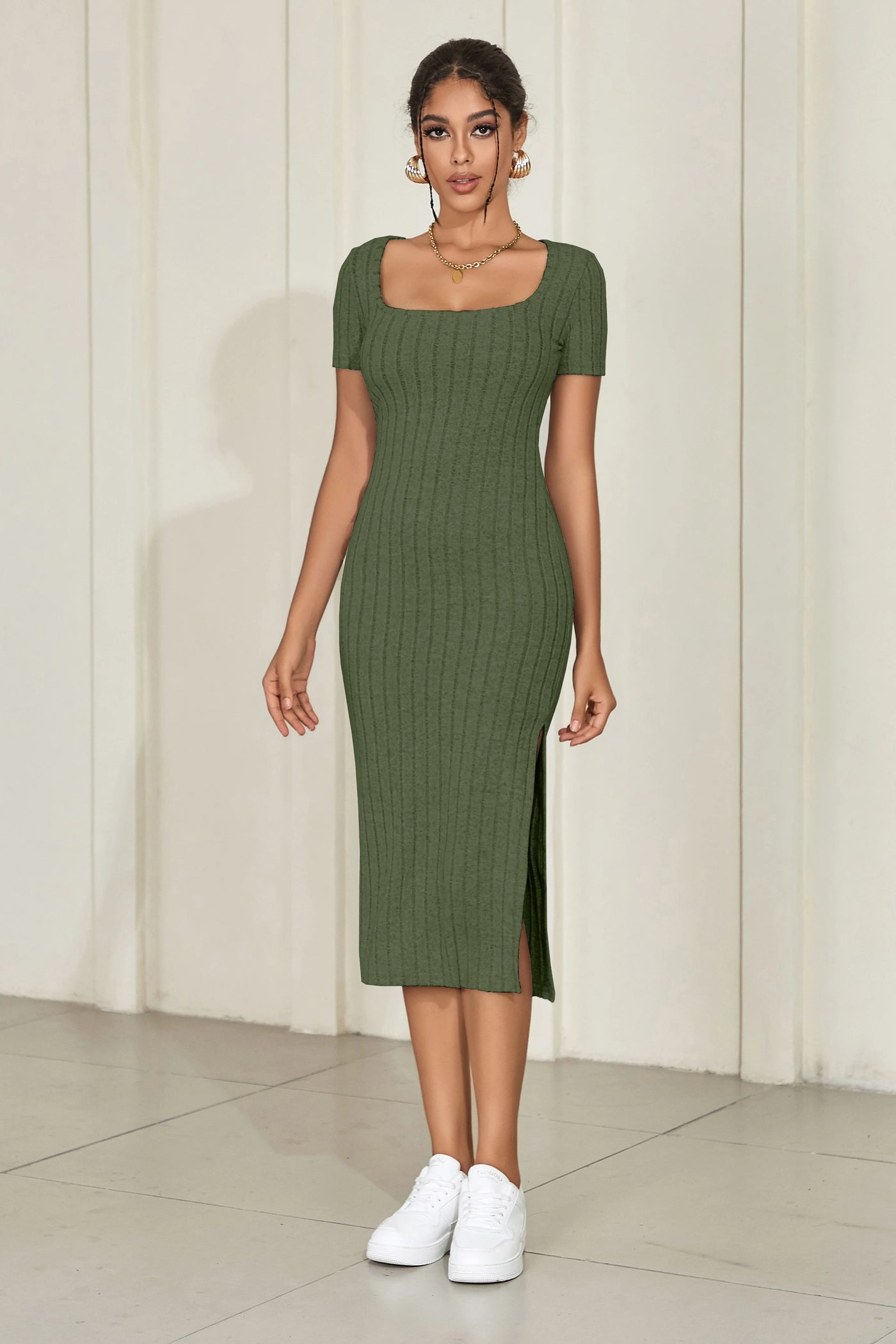 Women's Square Neck Knit Dress - Mid-Length Short Sleeve