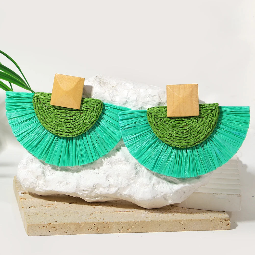 Handmade Raffia Drop Earrings - Colorful Fan-Shaped Summer Jewelry