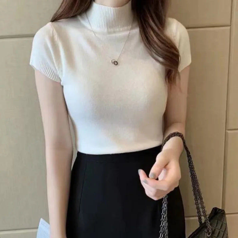 Half-High Neck T-Shirt - Korean Fashion Casual Jumper