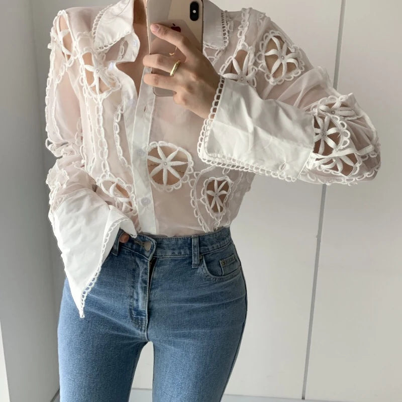 Spring Long Sleeve White Blouse - Floral Embroidery Shirt