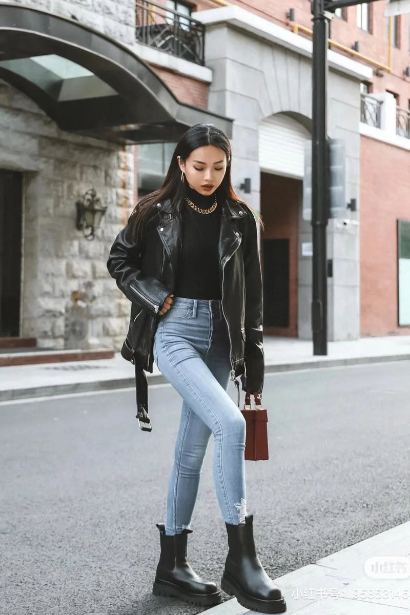 Women's Faux Leather Motorcycle Jacket - Black PU Leather Outerwear