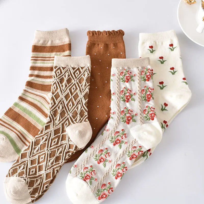 Women's Embroidered Floral Socks - 5 Pairs Set
