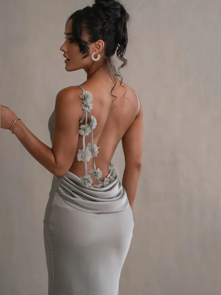 Mozision Floral Draped Backless Maxi Dress - Elegant Spaghetti Strap Evening Gown