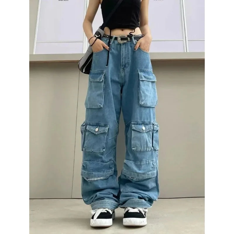 Cargo Jeans - Multi-Pocket Wide Leg Denim Pants