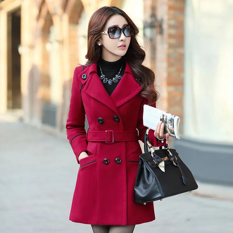 Women's Double-Breasted Wool Blend Long Coat with Belt