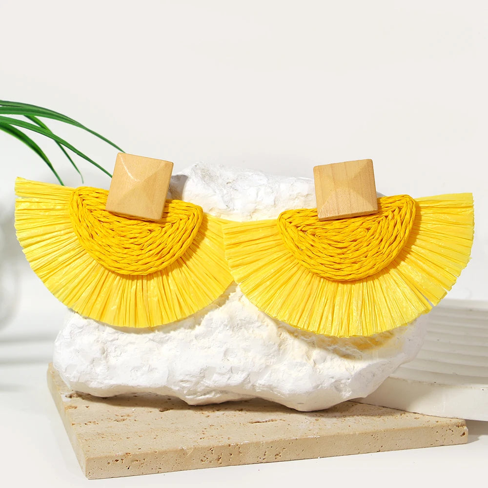 Handmade Raffia Drop Earrings - Colorful Fan-Shaped Summer Jewelry