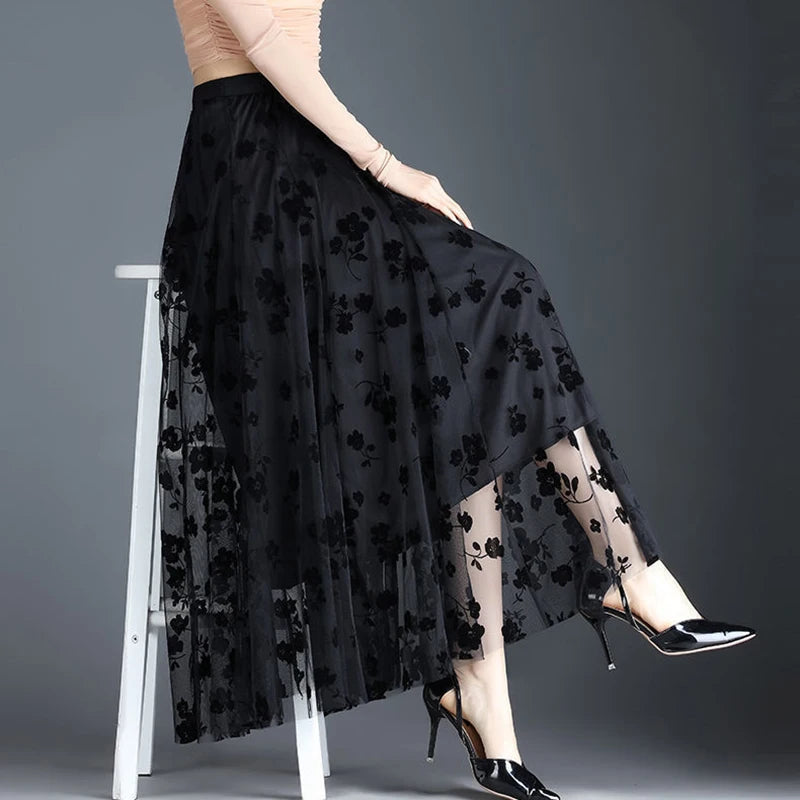 Korean Style Tulle Midi Skirt - Floral Mesh Fashion Skirt
