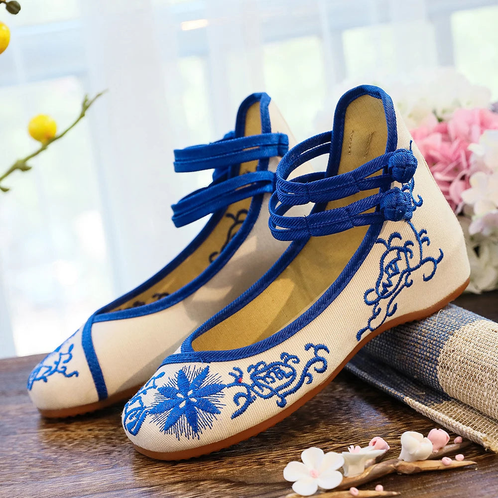 Veowalk Sunflower Embroidered Canvas Ballet Flats - Women's Ankle Strap Ballerina Shoes