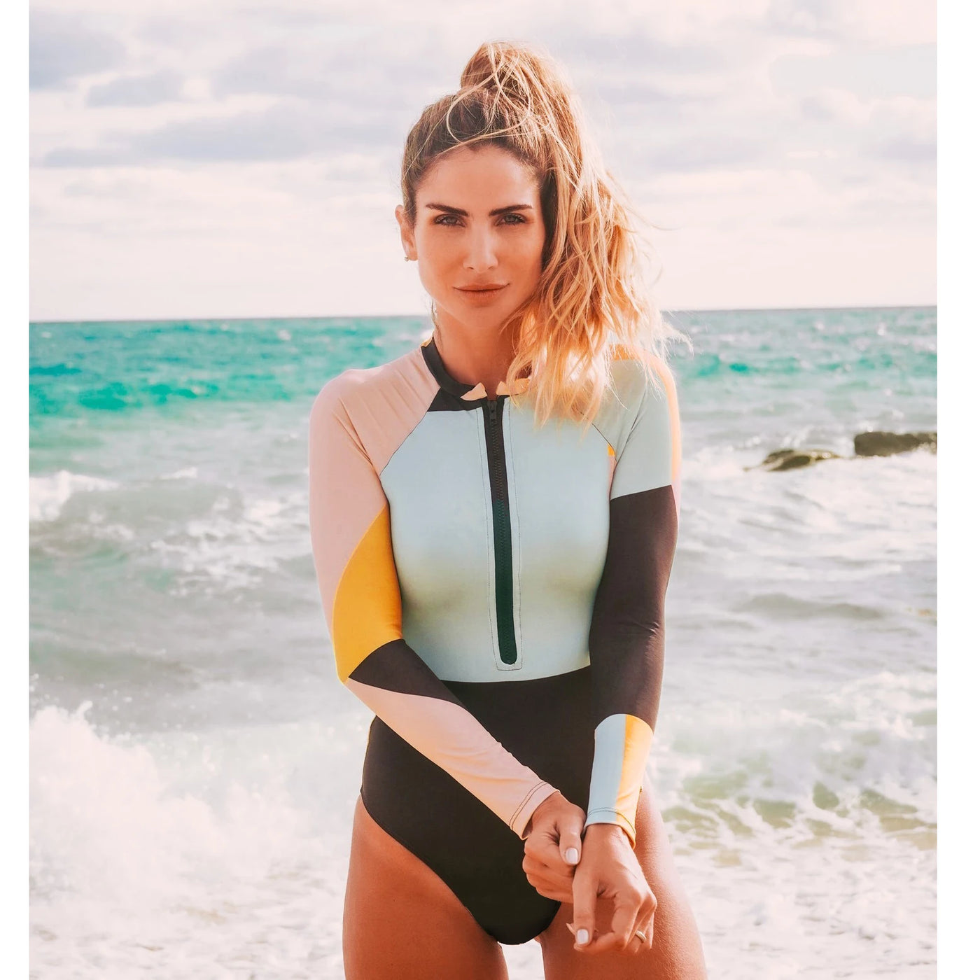 Long Sleeve One-Piece Swimsuit - Retro Surfing Bathing Suit