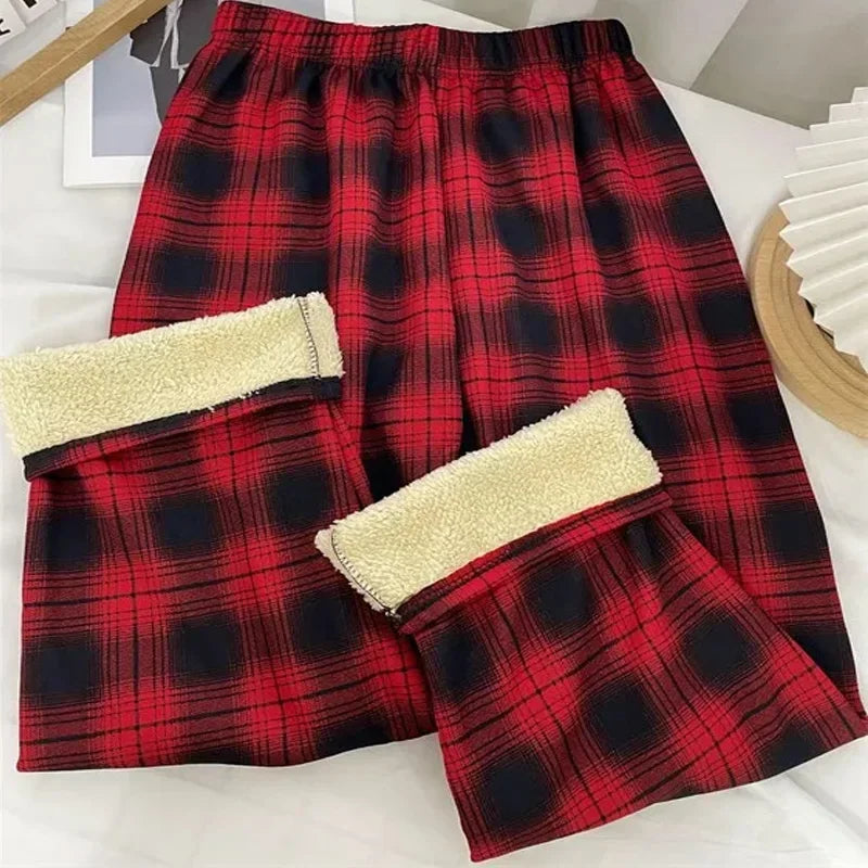 Women's High-Waisted Plaid Fleece-Lined Trousers