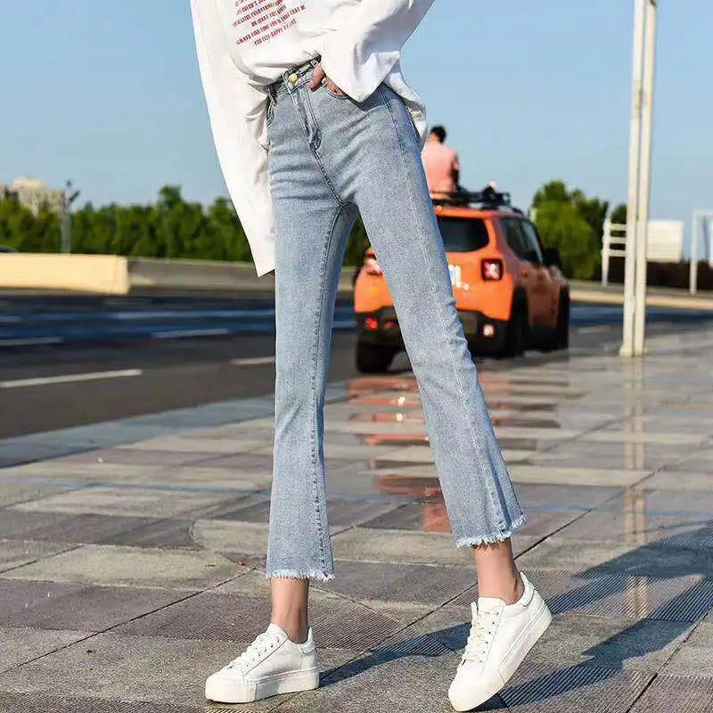 Women's High Waist Flare Jeans - Slim Fit Ankle Length Denim Pants