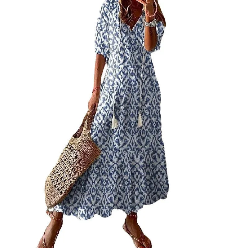 Women's Bohemian Floral Maxi Dress - V-Neck Half Sleeve Beach Dress