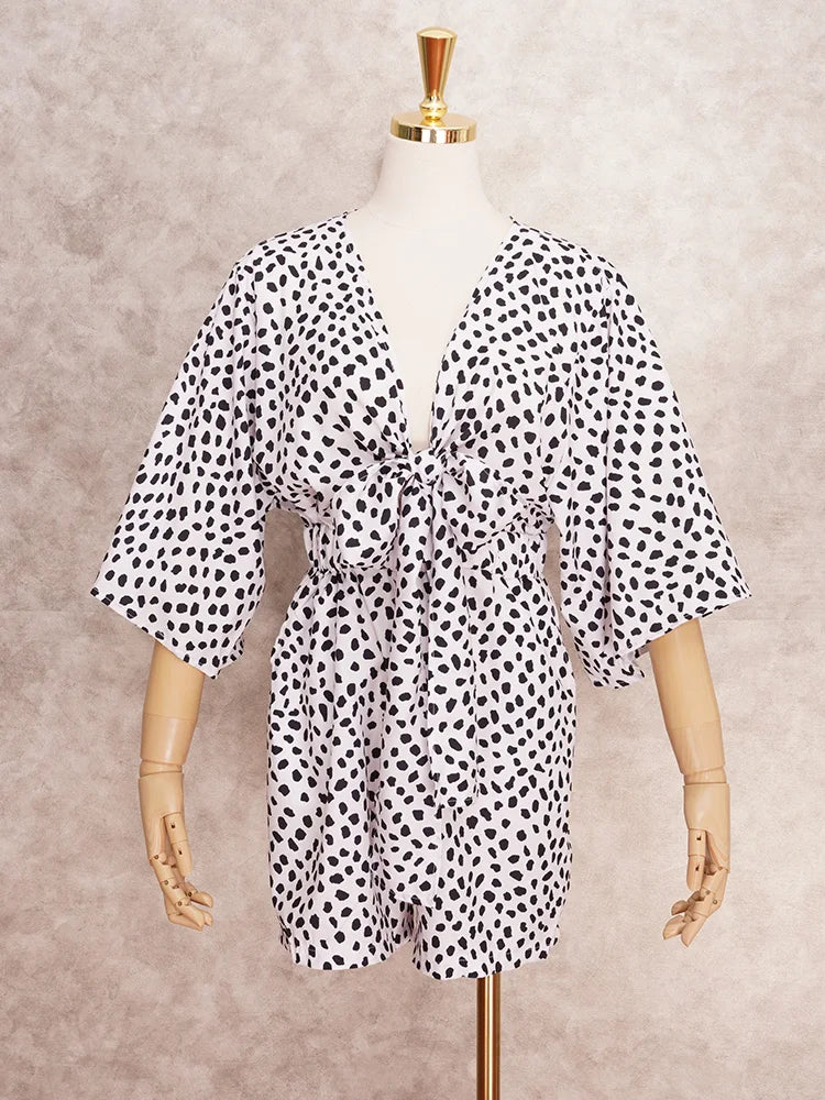 Women's Leopard Print Wide Leg Romper with Bow Detail