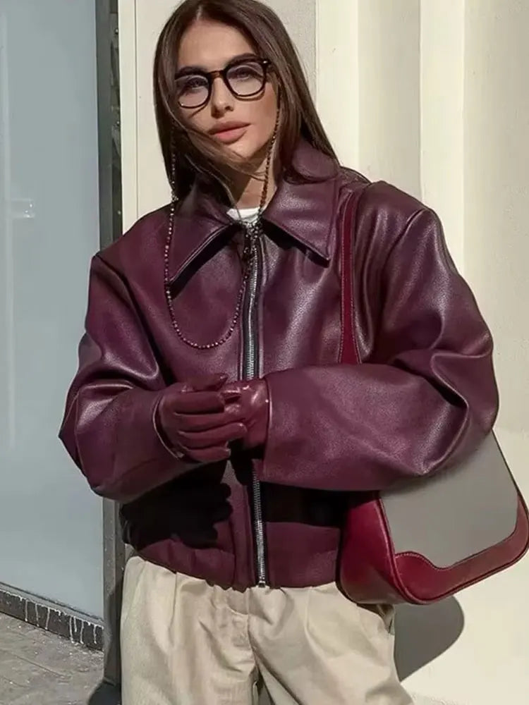 Women's Wine Red Faux Leather Jacket - Streetwear PU Coat