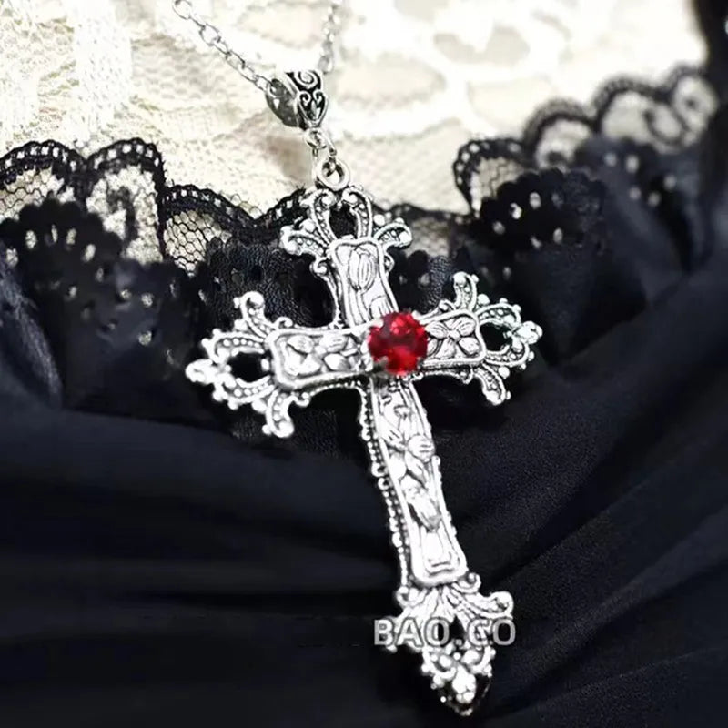 Punk Crystal Cross Pendant Necklace - Gothic Stainless Steel Choker