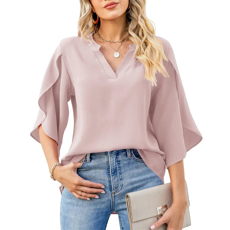 Summer Chiffon Blouse - Short Flare Sleeve V-Neck Top