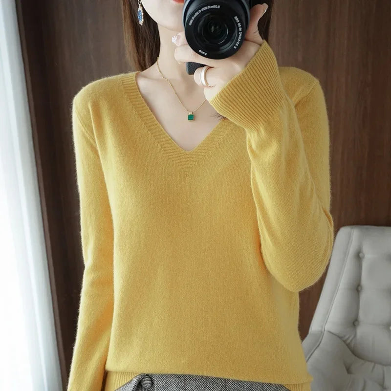 Casual V-Neck Sweater - Women's Solid Color Pullover